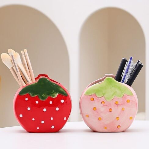 Strawberry Pencil Holder Toothbrush Holder Cute Pen Holder for Desk Organizer Makeup Brush Pencil Cup Kawaii Desk Accessories Aesthetic Office Home Decor Birthday Gifts for Women (Red) in Kuwait