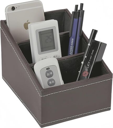 PU Leather Organizer Box, 3-Rank Divider, for Office Supplies, Living Room, Stationery, Remote Control, Cell Phone Storage (Brown) in Saudi Arabia