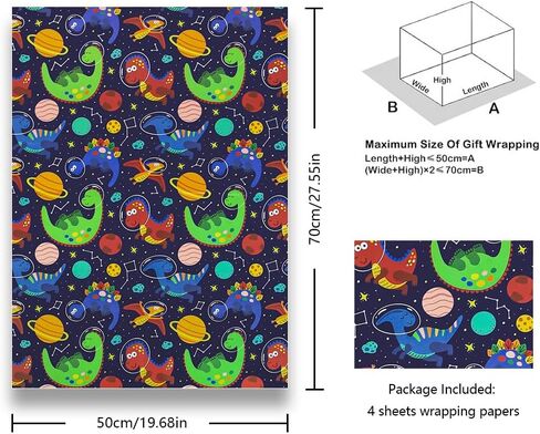 Dinosaur In Space Birthday Wrapping Paper For Kids Girls Boys, Baby Shower Wrapping Paper, 4 Sheets Planet Navy Blue Paper Folded Flat 20x28 Inches Per Sheet in Saudi Arabia