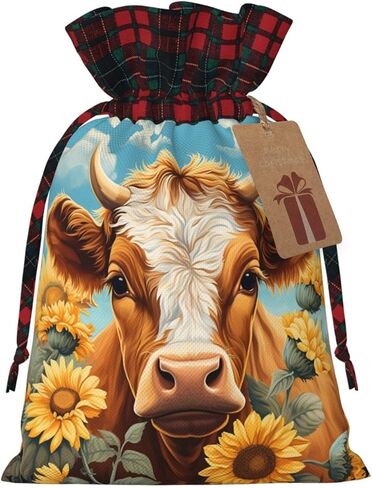 Mqtzyiwx Highland Cow With Sunflower Christmas Drawstring Gift Bags,Gift Wrapping Bag Party Favors Bags Medium Santa Gift Bags For Xmas Holiday Party Favor Decor in Kuwait