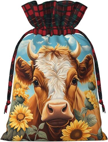 Mqtzyiwx Highland Cow With Sunflower Christmas Drawstring Gift Bags,Gift Wrapping Bag Party Favors Bags Medium Santa Gift Bags For Xmas Holiday Party Favor Decor in Kuwait