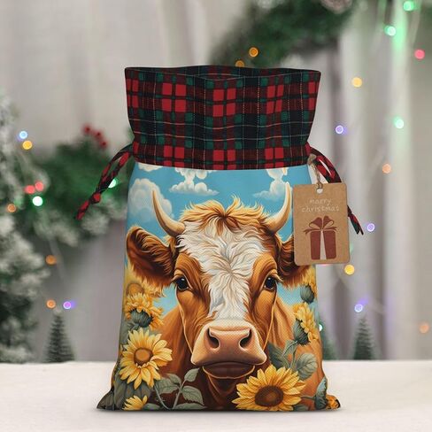 Mqtzyiwx Highland Cow With Sunflower Christmas Drawstring Gift Bags,Gift Wrapping Bag Party Favors Bags Medium Santa Gift Bags For Xmas Holiday Party Favor Decor in Kuwait