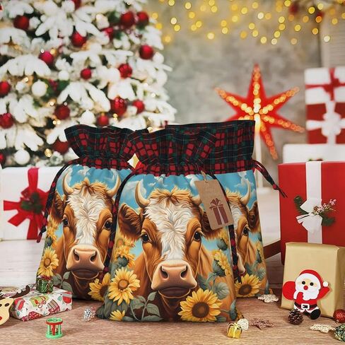 Mqtzyiwx Highland Cow With Sunflower Christmas Drawstring Gift Bags,Gift Wrapping Bag Party Favors Bags Medium Santa Gift Bags For Xmas Holiday Party Favor Decor in Kuwait