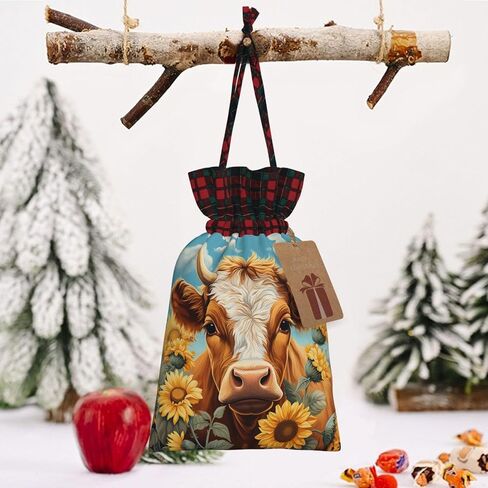 Mqtzyiwx Highland Cow With Sunflower Christmas Drawstring Gift Bags,Gift Wrapping Bag Party Favors Bags Medium Santa Gift Bags For Xmas Holiday Party Favor Decor in Kuwait