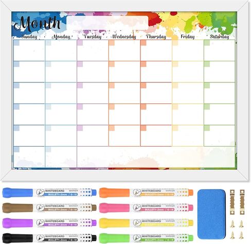 Monthly Calendar Dry Erase Whiteboard for Wall 17 x 13 inch Magnetic Dry Erase Calendar White Planner Board Set with 8 Markers, 1 Eraser, Solid Wood Frame Hanging Board for Home Office School Kitchen in Saudi Arabia