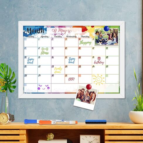 Monthly Calendar Dry Erase Whiteboard for Wall 17 x 13 inch Magnetic Dry Erase Calendar White Planner Board Set with 8 Markers, 1 Eraser, Solid Wood Frame Hanging Board for Home Office School Kitchen in Saudi Arabia
