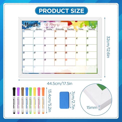 Monthly Calendar Dry Erase Whiteboard for Wall 17 x 13 inch Magnetic Dry Erase Calendar White Planner Board Set with 8 Markers, 1 Eraser, Solid Wood Frame Hanging Board for Home Office School Kitchen in Saudi Arabia
