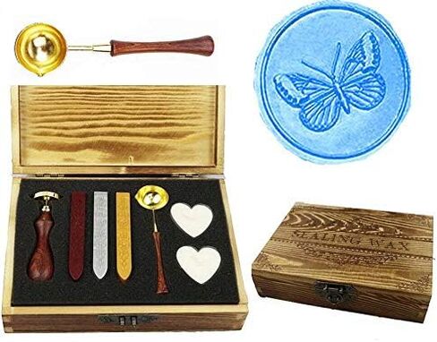 Butterfly Wax Seal Stamp Wooden Book Gift Box Melting Spoon Sealing Wax Sticks Set Embellishment Wedding Invitation Christmas Card Snail Mail Gift Wrap Wine Package Sealing Wax Seal Stamp in Kuwait