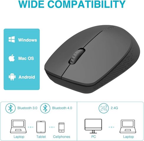 ماوس لاسلكي Rapoo Bluetooth 2.4G، قناتان بلوتوث مع ماوس مستقبل USB بدون ضوضاء، توصيل ما يصل إلى 3 أجهزة، ماوس كمبيوتر محمول للكمبيوتر الشخصي والكمبيوتر اللوحي والكمبيوتر المحمول - أسود in Kuwait