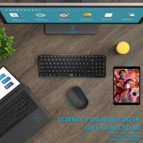ماوس لاسلكي Rapoo Bluetooth 2.4G، قناتان بلوتوث مع ماوس مستقبل USB بدون ضوضاء، توصيل ما يصل إلى 3 أجهزة، ماوس كمبيوتر محمول للكمبيوتر الشخصي والكمبيوتر اللوحي والكمبيوتر المحمول - أسود in Kuwait