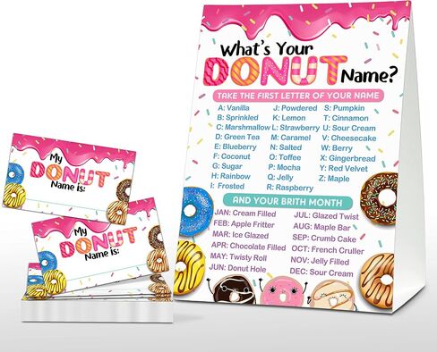 What's Your Donut Name Game - Sweet Donut Birthday Party Games for Adult - Family School Classroom Activity - 1 Standing Sign and 30 Stickers - Adult Doughnut Party Supplies Decorations(09) in Saudi Arabia