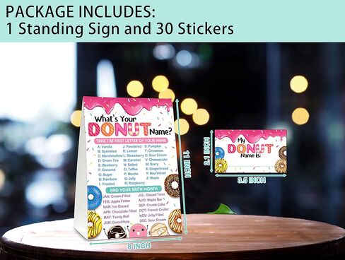 What's Your Donut Name Game - Sweet Donut Birthday Party Games for Adult - Family School Classroom Activity - 1 Standing Sign and 30 Stickers - Adult Doughnut Party Supplies Decorations(09) in Saudi Arabia