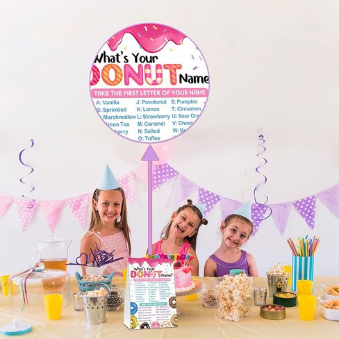 What's Your Donut Name Game - Sweet Donut Birthday Party Games for Adult - Family School Classroom Activity - 1 Standing Sign and 30 Stickers - Adult Doughnut Party Supplies Decorations(09) in Saudi Arabia