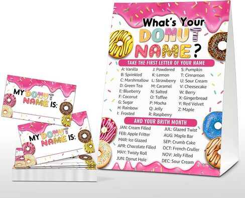 What's Your Donut Name Game - Sweet Donut Birthday Party Games for Adult - Family School Classroom Activity - 1 Standing Sign and 30 Stickers - Adult Doughnut Party Supplies Decorations(09) in Saudi Arabia