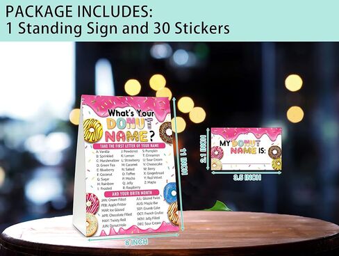 What's Your Donut Name Game - Sweet Donut Birthday Party Games for Adult - Family School Classroom Activity - 1 Standing Sign and 30 Stickers - Adult Doughnut Party Supplies Decorations(09) in Saudi Arabia