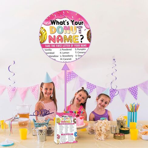What's Your Donut Name Game - Sweet Donut Birthday Party Games for Adult - Family School Classroom Activity - 1 Standing Sign and 30 Stickers - Adult Doughnut Party Supplies Decorations(09) in Saudi Arabia