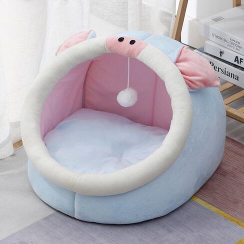 Soft Plush Semi-Enclosed Cat Bed with Teaser, Blue Piggy, Medium in Saudi Arabia