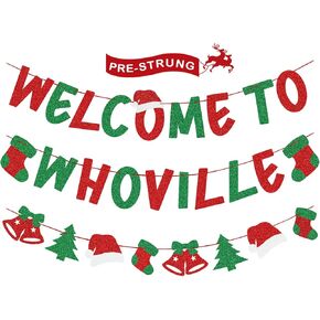 Christmas Decorations – Glittery Welcome to Whoville Banner, Christmas Banner for Grinch Christmas Decorations, Christmas Decorations Indoor, Grinch Decorations, Christmas Party Decorations