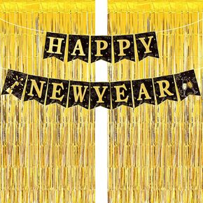 Zhehao Happy New Year Banner and 3.3 x 6.6 ft Gold Foil Fringe Curtains 2025 New Years Party Supplies Tinsel Streamer Backdrop New Year Bunting Banner for New Year Eve Party Decorations Celebration