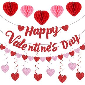 Valentines Day Party Decorations Includes Happy Valentines Day Banner Red Pink Glitter Heart Banner Garland Hanging Swirls Heart Paper Honeycomb for Valentine's Day Wedding Anniversary Party Decor