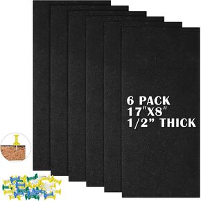 Qunclay 6 Pack Black Cork Board Tiles 17 x 8 Inch Self Adhesive 1/2'' Thick Cork Board Bulletin Board Memo Boards Pin Board Cork Boards for Walls Office Home with a Box of Push Pins