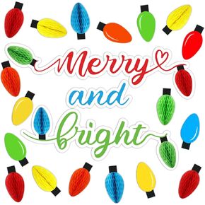 Christmas Bulletin Board Decorations Set Merry and Bright Bulb Honeycombs Bulletin Board Boarder 3D Light Bulb Paper Cutouts for Christmas Holiday School Classroom Door Decorations
