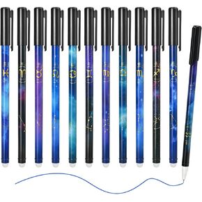Temiary 12Pcs Constellation Erasable Gel Pens with Eraser, Make Mistakes Disappear, 0.5mm Fine Point, Black Ink Smooth Writing for School Office Home Writing Drawing (Constellation-Black Ink)