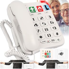 Big Button Phone for Seniors, Telephones for Hearing Impaired, 9 Picture Labels and 3 Picture Keys, Extra Long 16.4' Cord Simple Landline Phones for Seniors, White