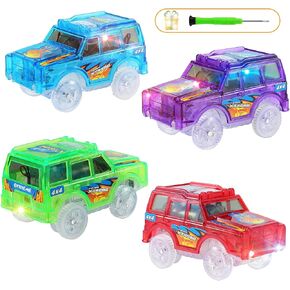 Save Unicorn Tracks Cars only Replacement, Toy Cars for Tracks Glow in The Dark, Car Tracks Accessories with 5 Flashing LED Lights, Compatible with Most Car Tracks for Kids Boys and Girls(4pack)
