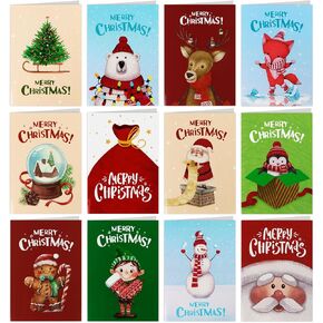 12pcs Christmas Cards for Kids with Envelopes Cute Christmas Cartoon Design Santa Snowman Reindeer Gingerbread Penguin Holiday Cards