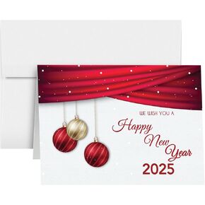 2025 Happy New Year Cards and Envelopes | Elegant Red Christmas, Xmas, Happy Holidays, New Year's Eve Greeting Cards Set – 25 Half Fold Cards and 25 A2 Envelopes – 4.25 x 5.5 inches (A2 Size)