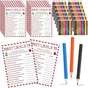 60 Pcs Christmas Party Games for Adults 30 Christmas Most Likely to Game Cards with 30 Colored Pencils Team Building Games for Holiday Family Group Office Coworkers