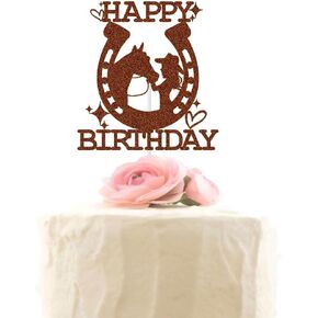 XIUHUBA Cowgirl Happy Birthday Cake Topper, Mexican Western Birthday Cake Decorations, Fiesta Theme Girls Birthday Party Decor Supplies Brown Glitter
