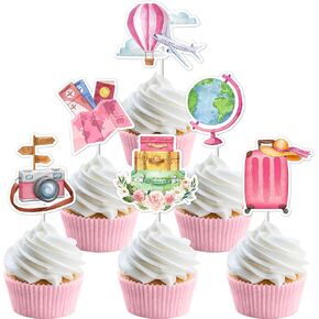 Kreatwow Travel Party Cupcake Toppers 24pcs Pink Let the Adventure Begin Cupcake Picks Travel Theme Birthday Party Supply Travel Around The World Cupcake Decorations for Bon Voyage Adventure Birthday