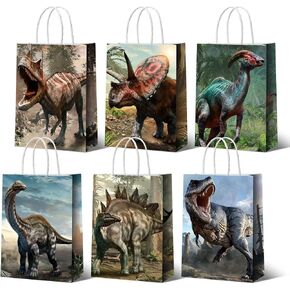 Dinosaur Gift Party Favor Bags Dino Treat Bags Dinosaur Paper Goodie Bags with Handles Dinosaur Candy Goodie Bags for Kids' Birthday Decorations Party Supplies, 8.7 x 6.3 x 3.2 Inch (36 Pcs)