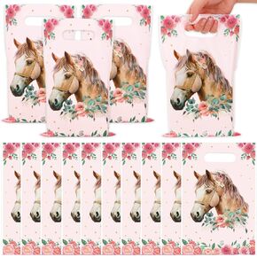 JarThenaAMCS 50Pcs Horse Floral Party Favor Bags Pink Flower Horse Treat Gift Bags with Handles Plastic Candy Goodie Bags for Cowgirl Birthday Baby Shower