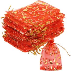 FOIMAS 100pcs Heart Organza Gift Bags,4x6 Inch Red Drawstring Jewelry Pouch Bag for Valentine's Day Wedding Party Favor