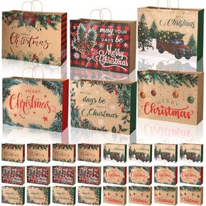 Cholemy 36 Pack Extra Large Christmas Gift Bags, 20''x 7''x15'' Jumbo Oversized Paper Sacks Bulk with Handles 6 Designs Kraft Paper Gift Bags for Wrapping Holiday Presents Xmas Party