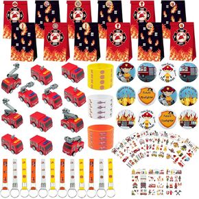Fire Truck Party Favors - 72 Pcs Firefighter Birthday Party Supplies Include Gift Bag, Wristband, Button Pin, Fire Truck Toy, Keychain, Tattoo, Firefighter Party Favors for Kids Game Prizes