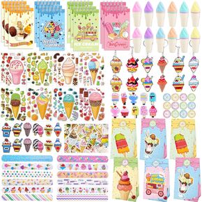 Bluegogo 148 Pcs Ice Cream Party Favors Include Mini Notebook Highlighter DIY Sticker Gift Bag Slap Bracelet Keychain Shoe Charms Hair Clip for Ice Cream Birthday Party Decoration