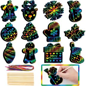 48 Pieces Christmas Scratch Art for Kids, DIY Rainbow Magic Scratch Paper, Santa Claus, Snowman, Christmas Tree, Shristmas Stocking House Arts and Crafts Ornaments for Christmas Party Favor