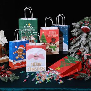 24 Pcs Christmas Goodie Bags Christmas Gift Treat Bag Bulk Kraft Paper Christmas Bag with Handle Medium Size Christmas Favor Bags for Xmas Christmas Party Favor Supplies Decor, 8.2 x 6 x 3.1 Inch
