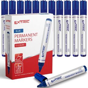 EXTRIC Permanent Markers Chisel Tip, Black, 12 Count, Quick Drying Ink, Works on Paper, Wood, Plastic, Metal and Glass, Great for Home, Office and School use