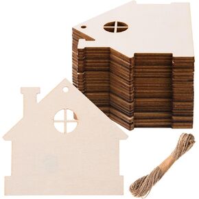 AWIZOM 36 Pcs House Shape Wooden Cutouts Unfinished Wood House Ornaments Blank House Wood Tags Christmas Wooden Hanging Decorations with Twine for DIY Crafts Wedding Birthday Holiday Decor,3.94x3.74