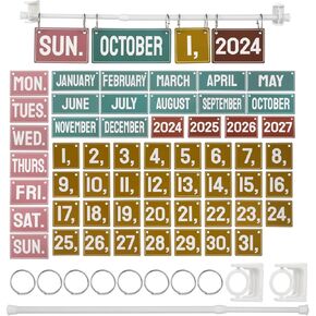 Flip Calendar Set, Calendar Bulletin Board Set with Year Month Week Day Cards, Calendar Kit with Adjustable Rod O-Rings for Classroom Decorations Home Decor School Teaching Supplies