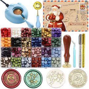 Wax Seal Kit with 24 Colors Wax Seal Beads 600pcs, Andotopee Tree of Life Wax Seal Stamp Kit with Electric Sealing Wax Warmer Set, Silicone Mold, Metallic Pen, 120 Removable Sticky Dots, Spoon Cleaner