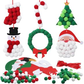 24 Sets Christmas Pom-poms Craft Kit DIY Pom Pom Christmas Ornament Craft Bulk Christmas Tree Snowman Stockings Santa Wreath Candy Canes Xmas Poms Decor Fun Home Activity Classroom Party