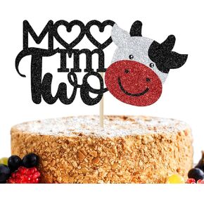 Moo Cow I'm Two عيد ميلاد كعكة توبر، ديكور كعكة حفلة موضوع حيوانات المزرعة، بقرة تحت عنوان زينة حفلة عيد الميلاد الثاني للأطفال، بريق أسود in Kuwait
