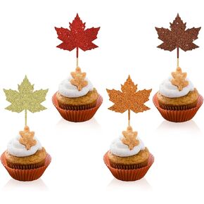 BEISHIDA 24 قطعة من أعلى الكب كيك لعيد الشكر السعيد وأوراق القيقب وأوراق القرع تعطي الشكر لتزيين الكيك لخريف الخريف وحصاد الأصدقاء ومهرجان الخريف ومستلزمات حفلات عيد الشكر in Kuwait