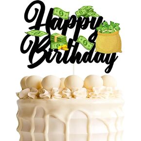 Dollar Happy birthday Cake Topper, Gunny Bag Dollar Money Cake Decor,Money Theme Cake Decorations for Birthday Showers Casino Party Decor